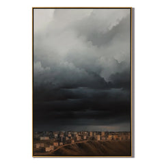 Dramatic Storm Clouds Over City Wall Art, Moody Urban Landscape Canvas Painting for Living Room Decor #OA 0760