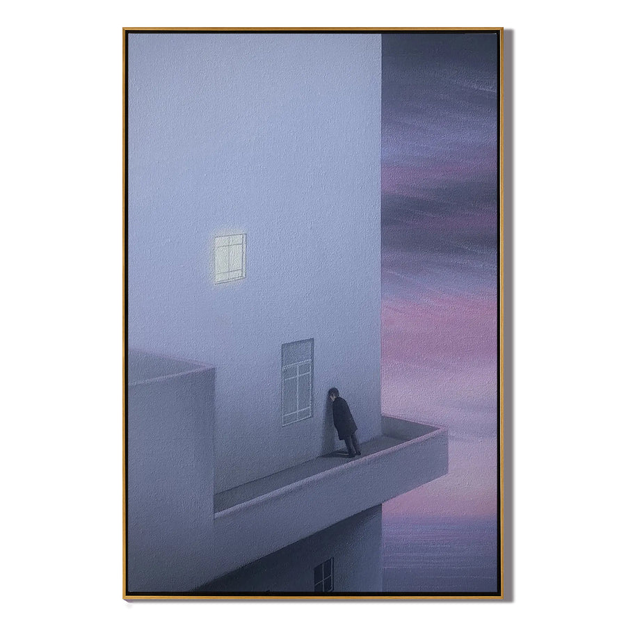 Surreal Minimalist Architecture Wall Art, Solitary Figure on Balcony with Pink Sky Canvas for Modern Living Room Decor #OA 0742