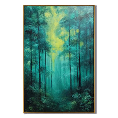 Misty Forest Oil Painting, Green Woodland Landscape Wall Art for Living Room Decor#OA 0592
