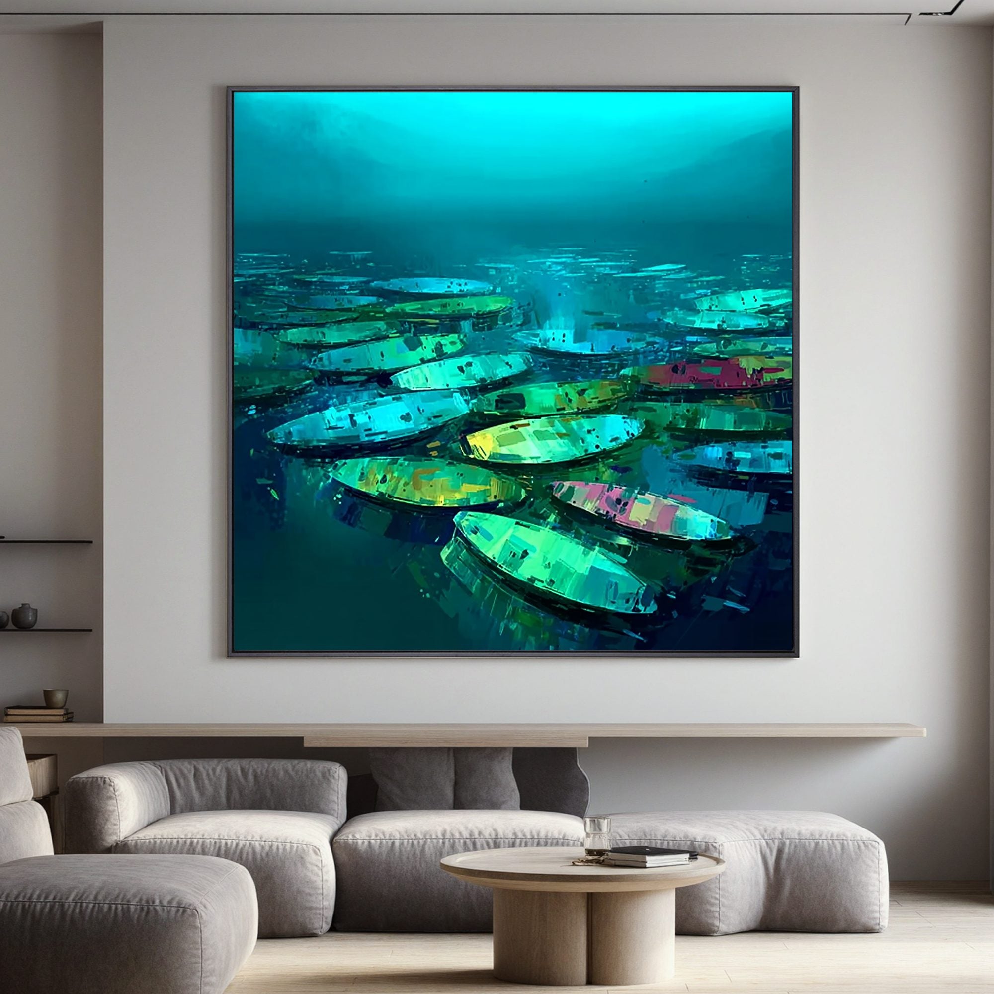 Modern Abstract Boat Painting on Water | Blue Green Lake Boat Wall Art | Large Hand Painted Contemporary Canvas Artwork#OA 0429