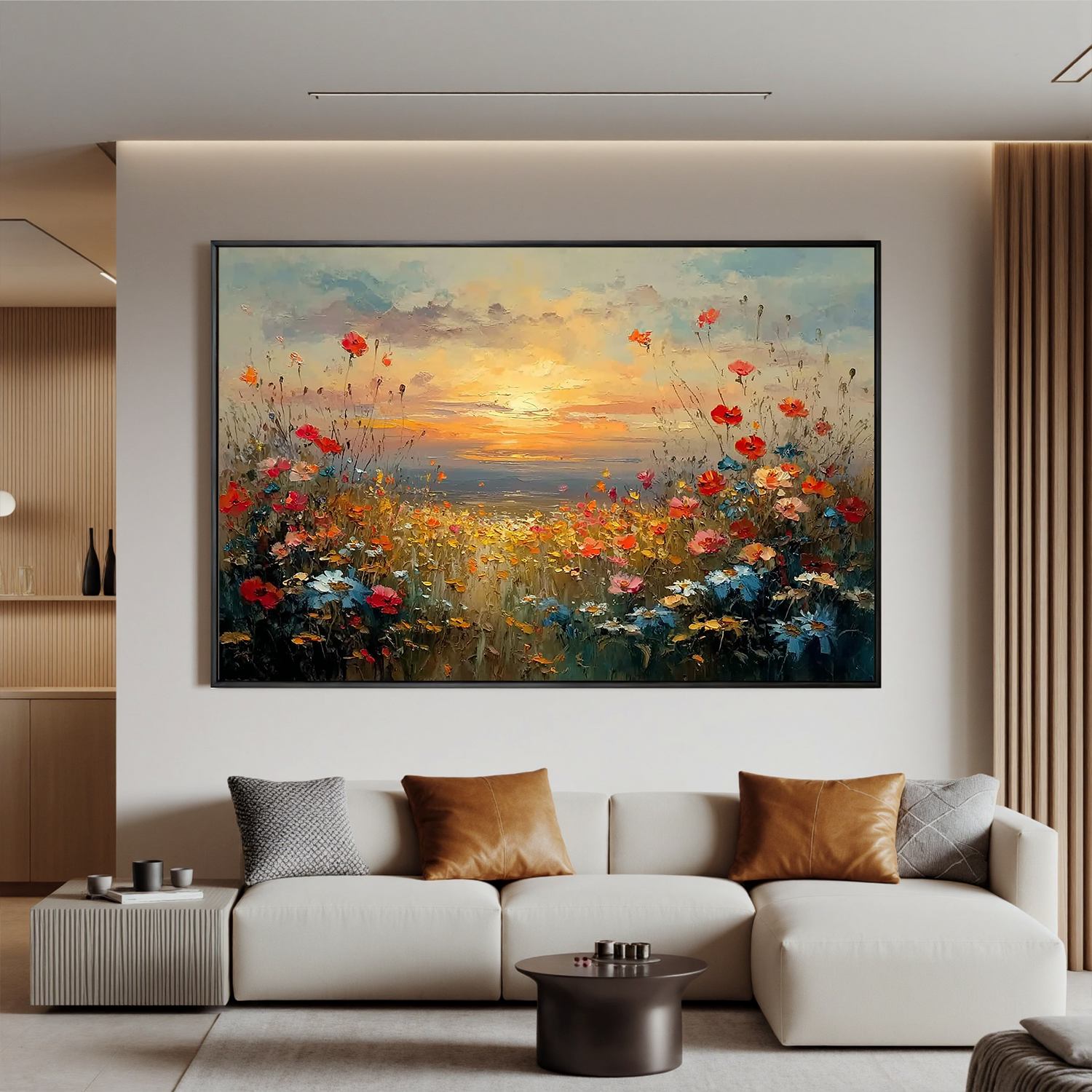 Sunset Wildflower Meadow Wall Art, Colorful Floral Landscape Canvas Painting for Living Room Décor #OA 0415