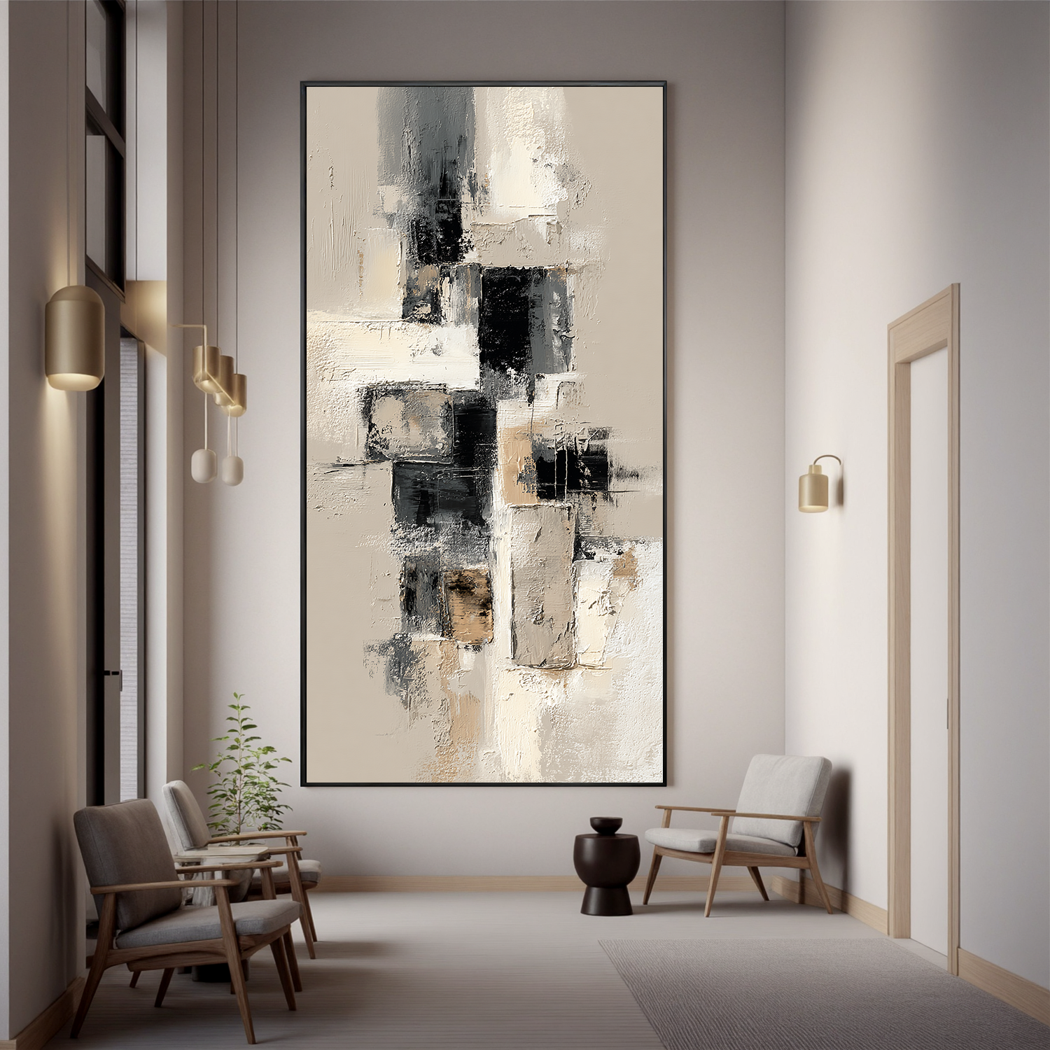 Vertical Black and White Abstract Canvas Wall Art – Textured Neutral Minimalist Painting for Modern Home Decor#OA 0877