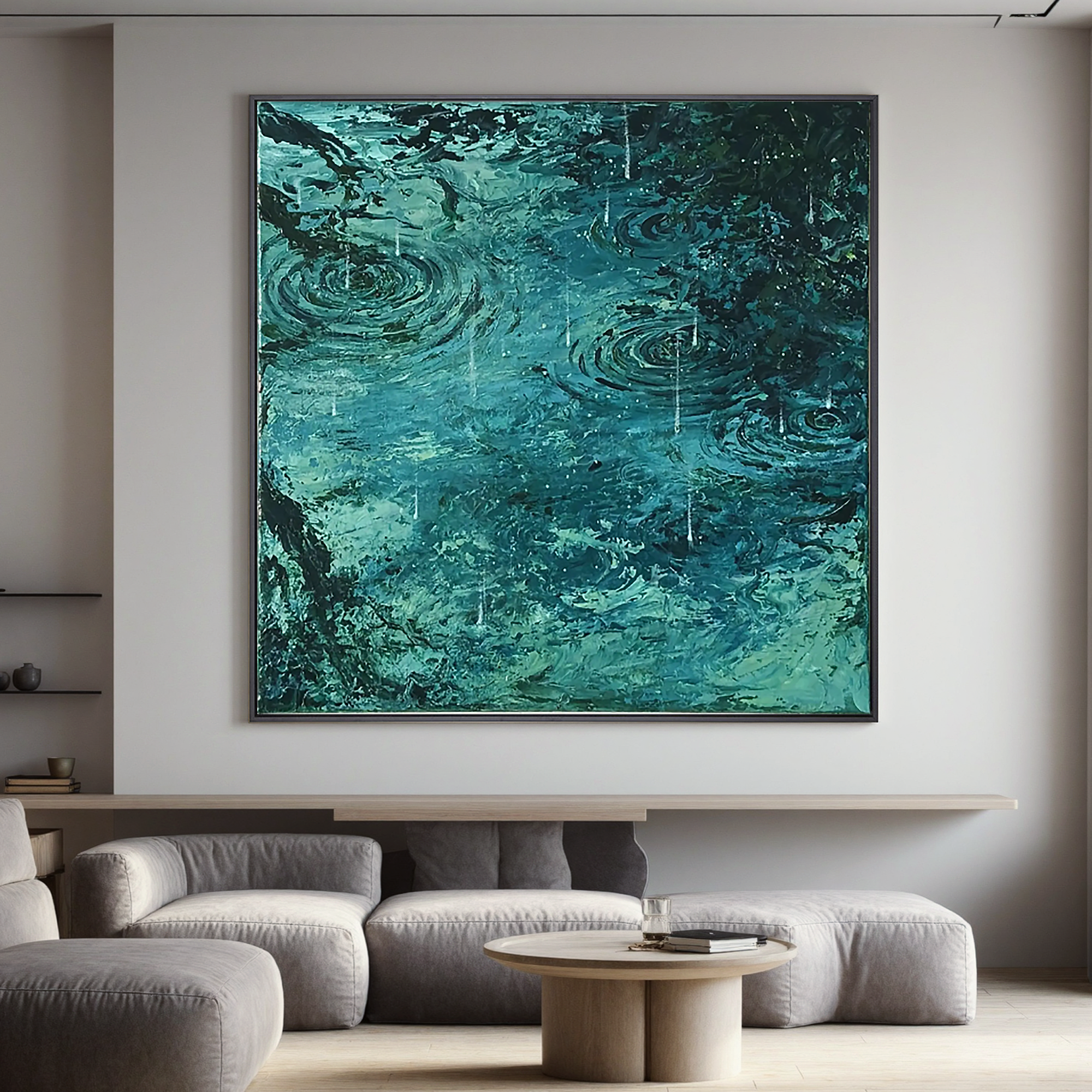 Teal Rain Ripple Oil Painting, Abstract Water Wall Art for Living Room Decor#OA 0604