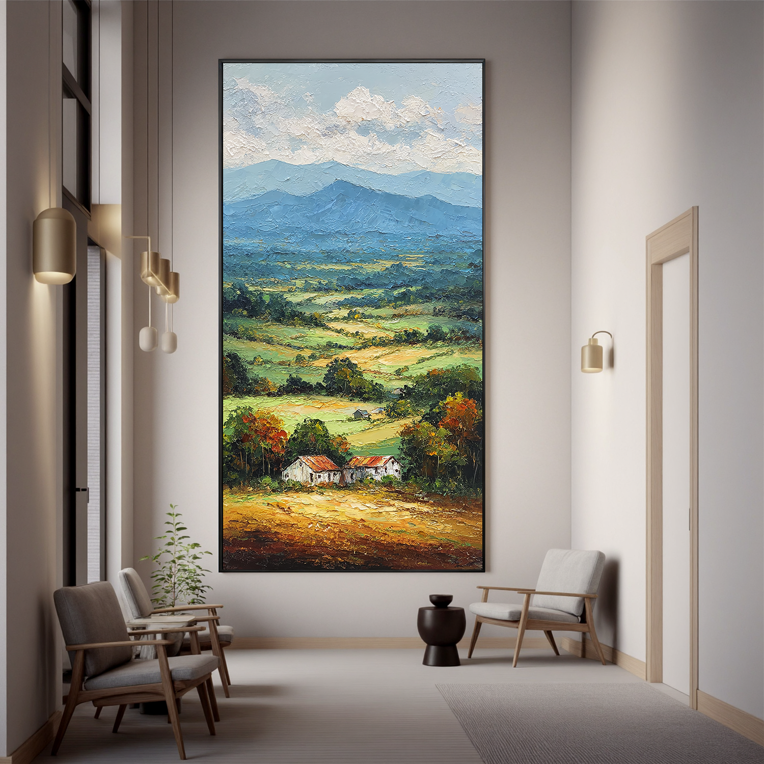 Vertical Countryside Landscape Oil Painting – Rustic Mountain Valley Canvas Wall Art#OA 0891