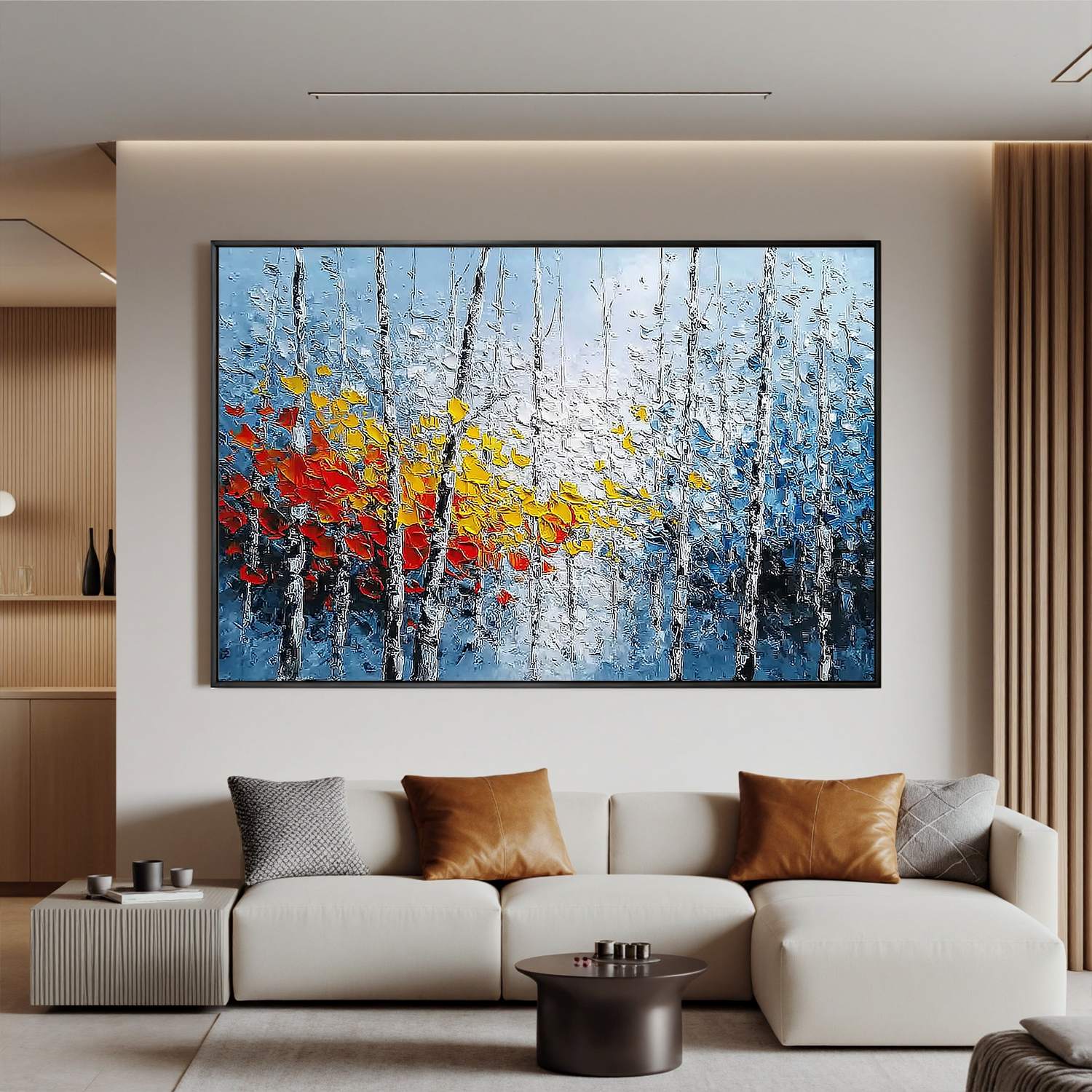 Blue Abstract Forest Wall Art, Colorful Textured Tree Canvas Painting for Living Room Décor #OA 0414