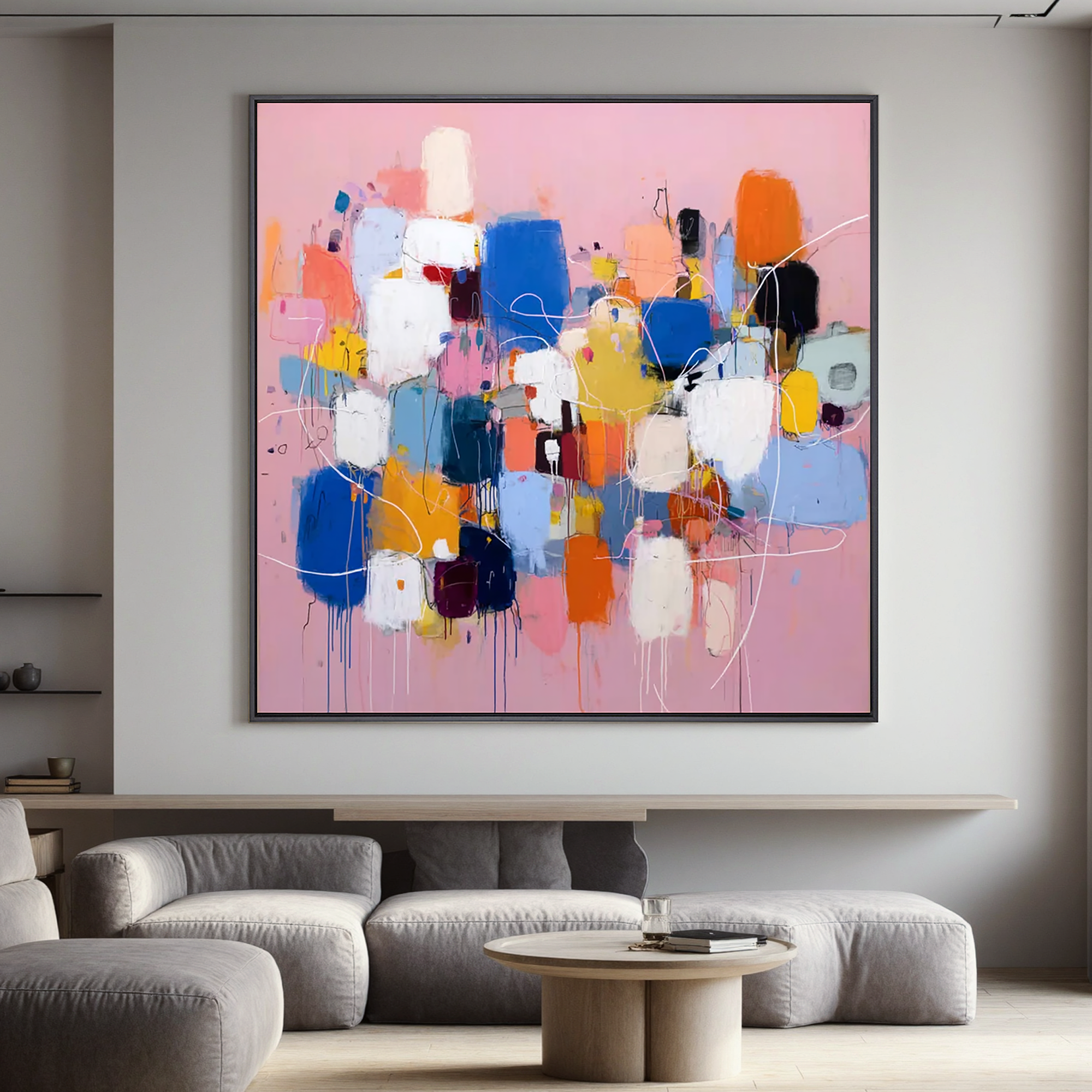 Abstract Pink Color Block Oil Painting Canvas – Modern Geometric Wall Art for Living Room Contemporary Home Decor#OA 0494