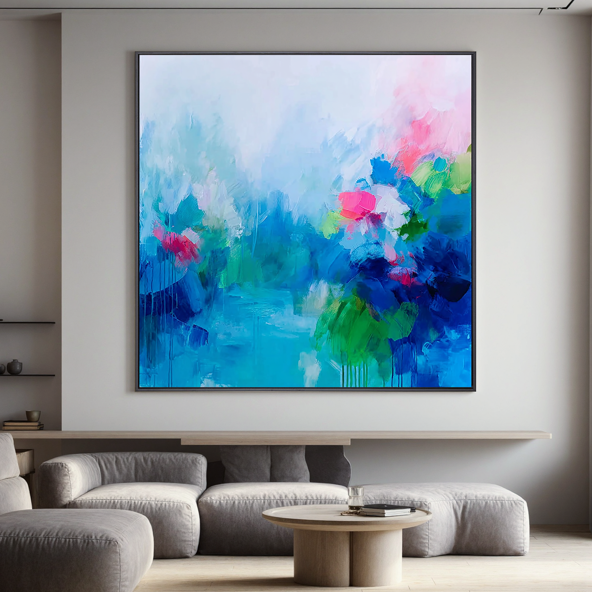 Abstract Blue Floral Oil Painting Canvas – Soft Misty Flower Wall Art for Living Room Modern Home Decor#OA 0493