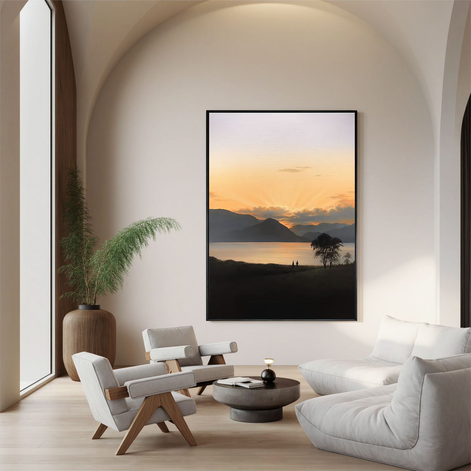Golden Sunset Lake Landscape Wall Art – Serene Mountain Oil Painting Canvas for Modern Minimalist Home Decor #OA 0771