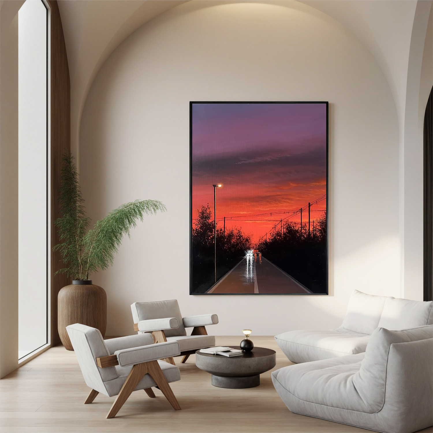 Fiery Sunset Road Wall Art, Moody Urban Landscape Canvas Painting with Streetlight Reflections for Modern Living Room Decor #OA 0788
