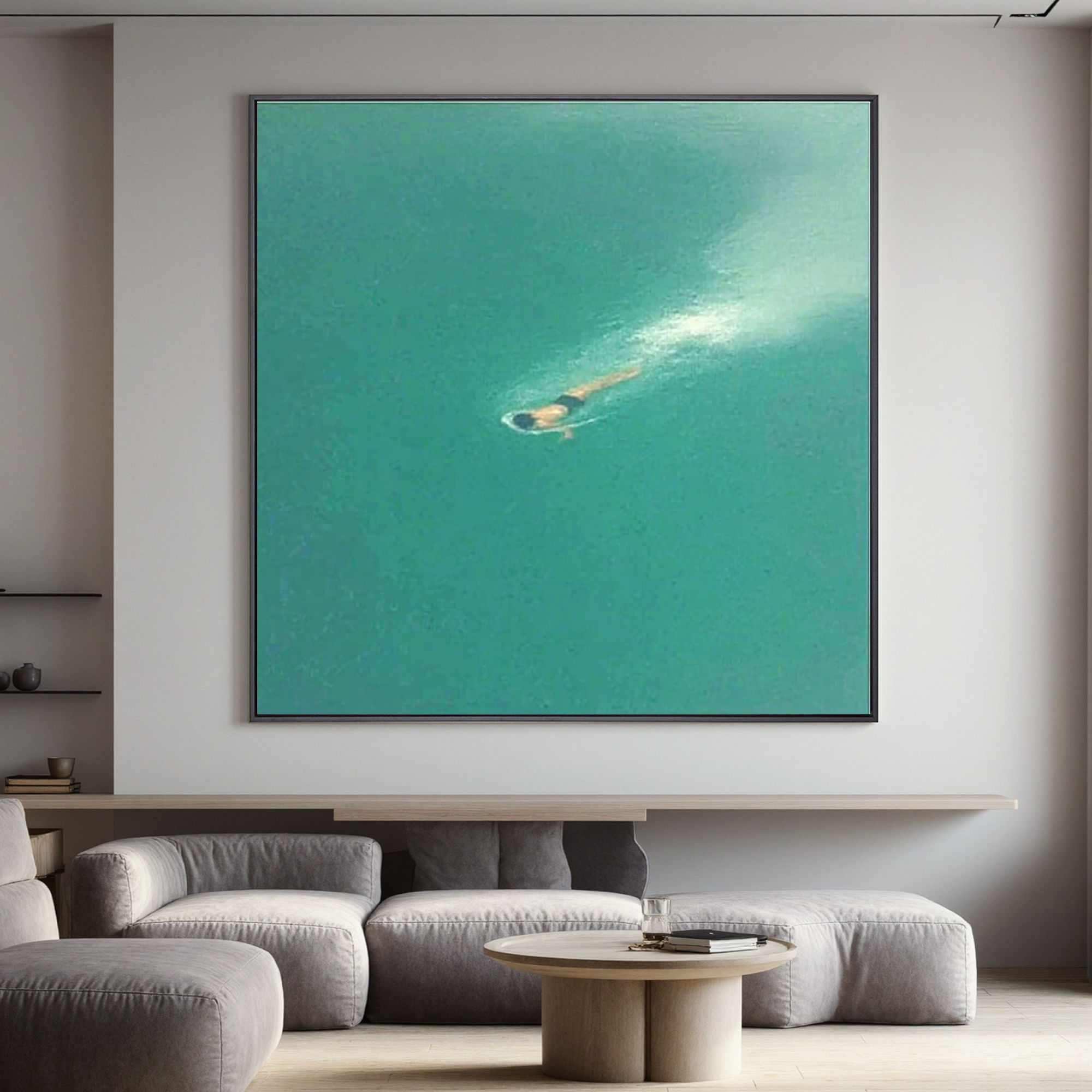 Minimalist Ocean Swimmer Wall Art – Turquoise Sea Canvas Painting for Coastal Bedroom Living Room Decor #OA 0451