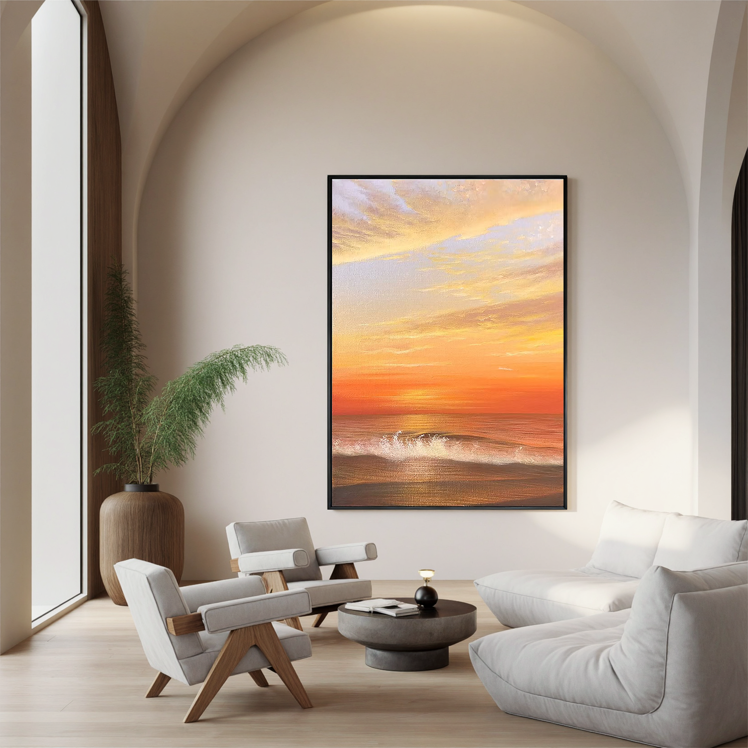 Golden Ocean Sunset Wall Art, Seascape Canvas Painting with Waves for Living Room and Bedroom Decor #OA 0775