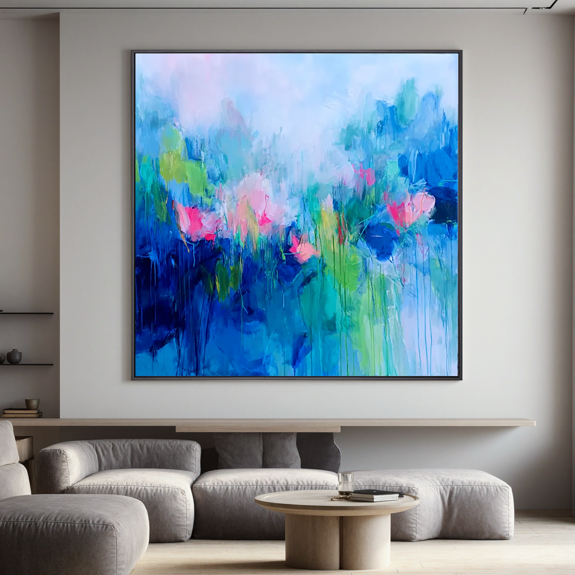 Abstract Blue Floral Oil Painting Canvas – Modern Pink Flower Wall Art for Living Room Contemporary Home Decor#OA 0502