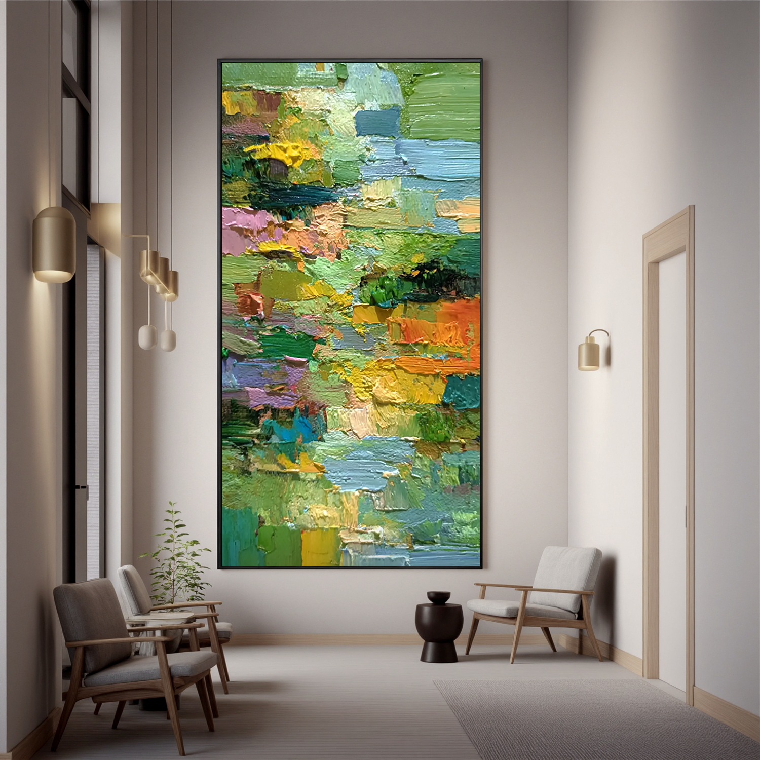 Green Abstract Landscape Oil Painting, Textured Nature Wall Art for Living Room Decor#OA 0601