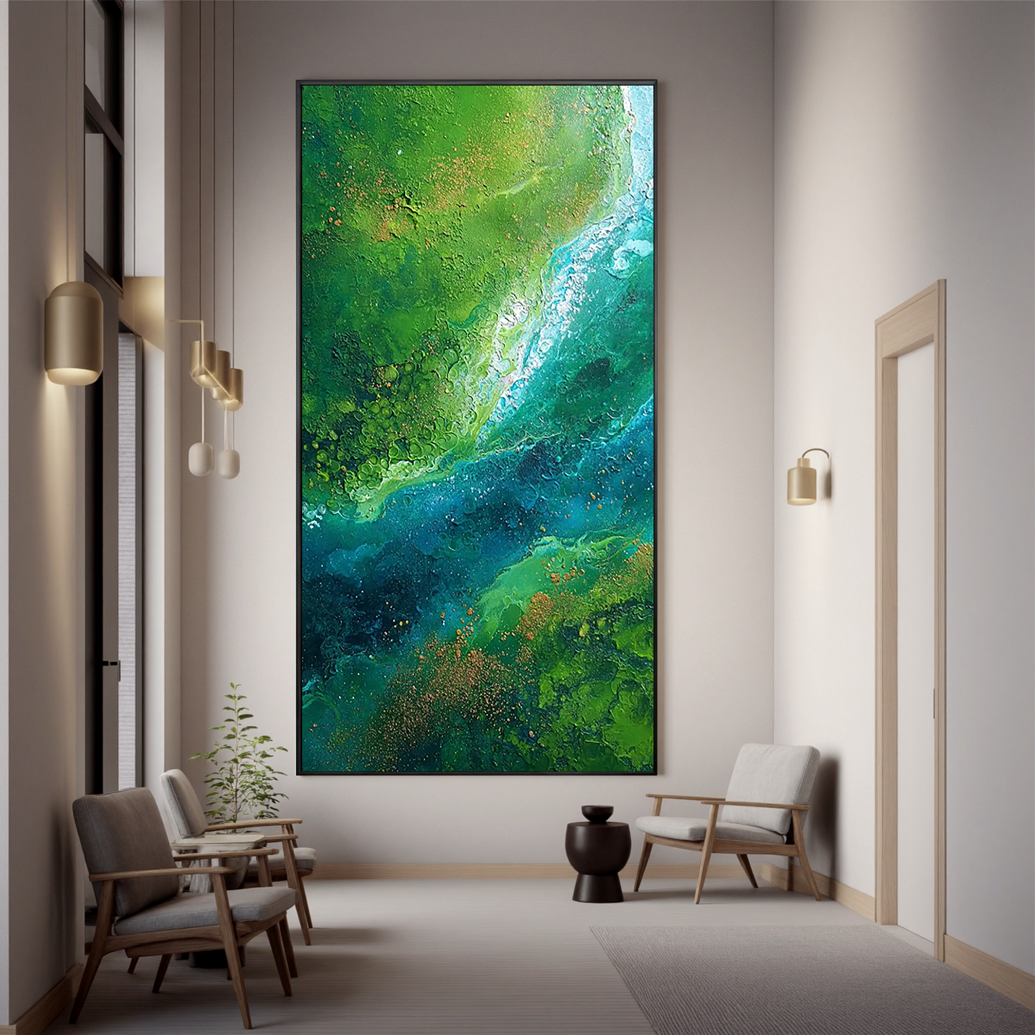 Green and Blue Abstract Oil Painting, Textured Nature Wall Art for Living Room Decor #OA 0599