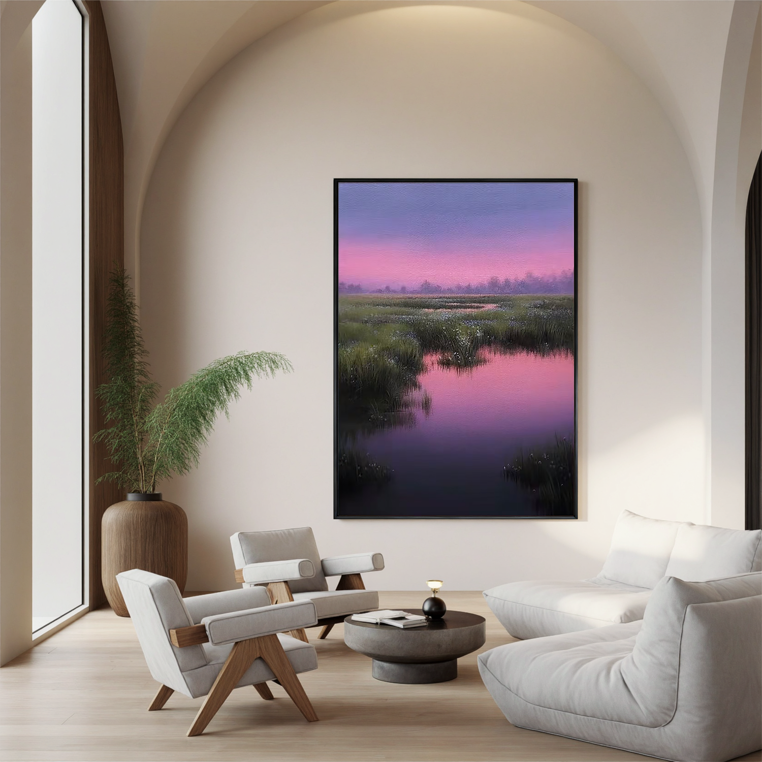 Pink and Purple Sunset Wetland Wall Art, Serene Marsh Landscape Canvas Painting for Living Room Decor #OA 0731