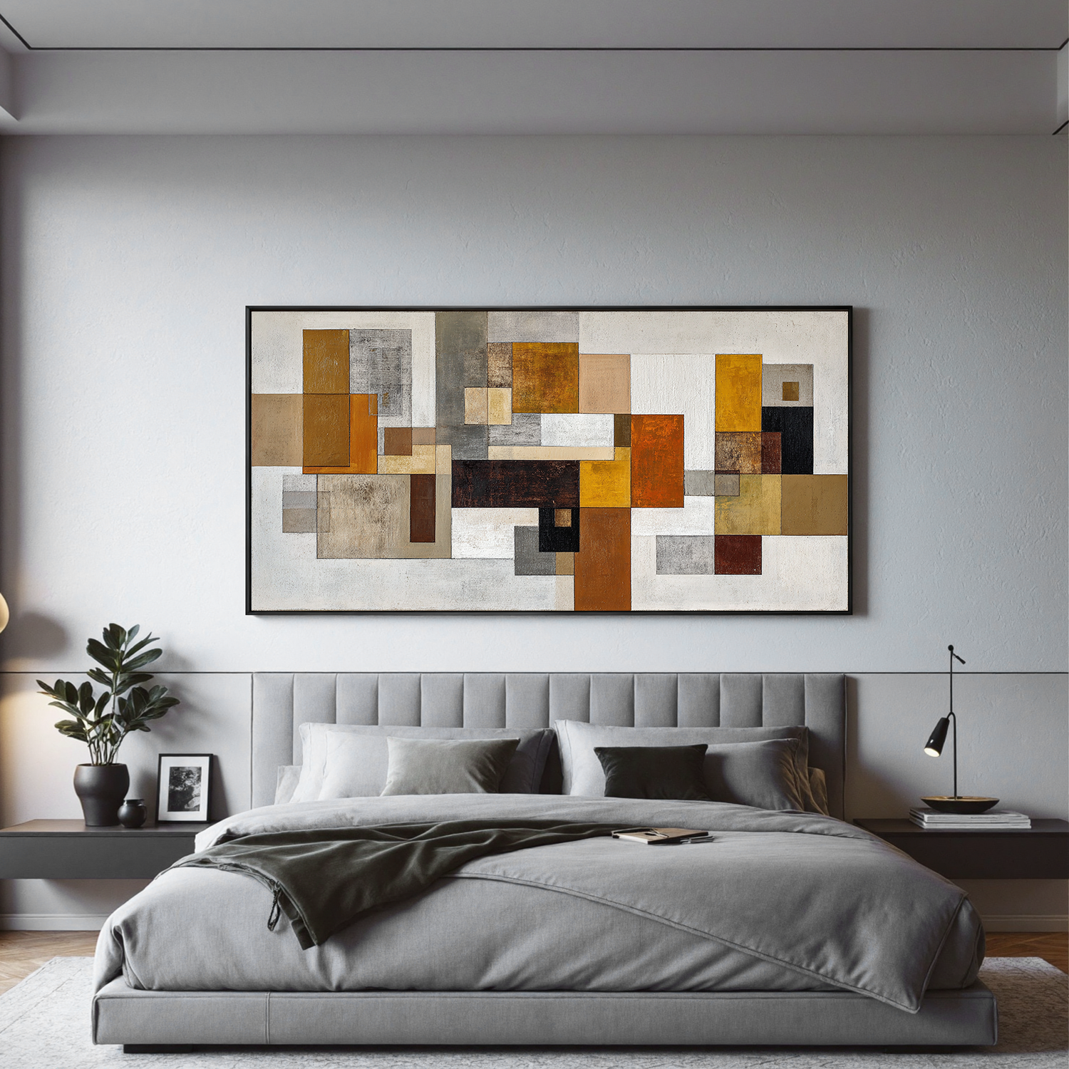 Mid Century Modern Geometric Abstract Canvas Wall Art – Large Horizontal Neutral Beige and Mustard Yellow Painting for Living Room Decor#OA 0866