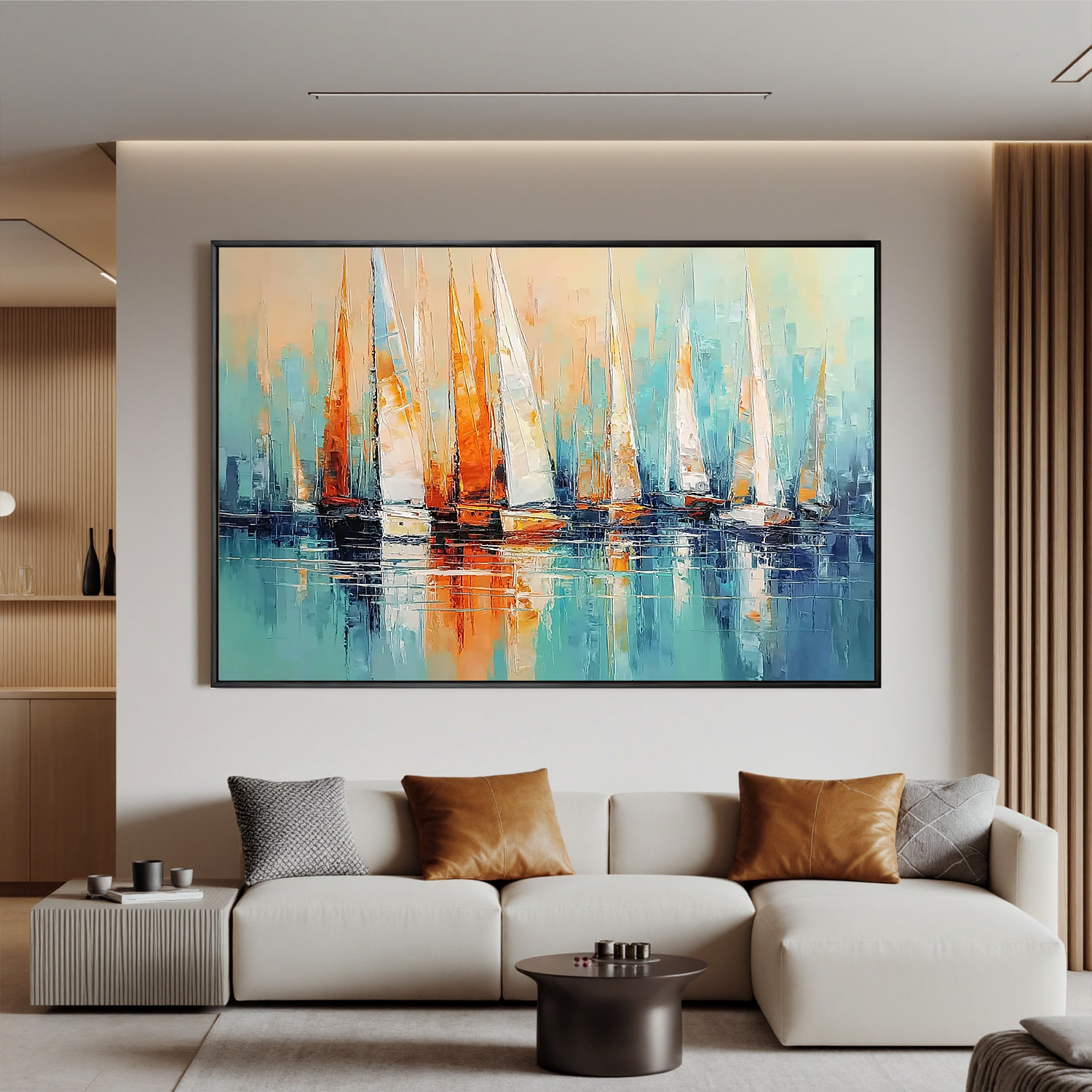 Abstract Sailboat Oil Painting Wall Art – Modern Coastal Canvas Artwork for Living Room Nautical Home Decor #OA 0434