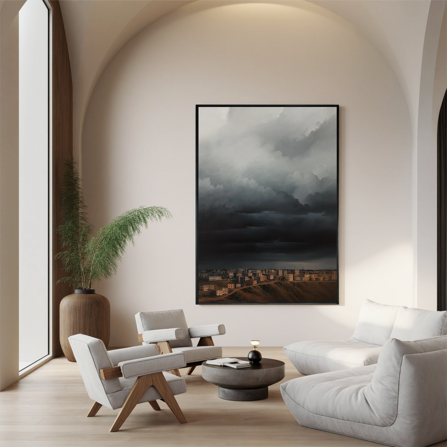Dramatic Storm Clouds Over City Wall Art, Moody Urban Landscape Canvas Painting for Living Room Decor #OA 0760