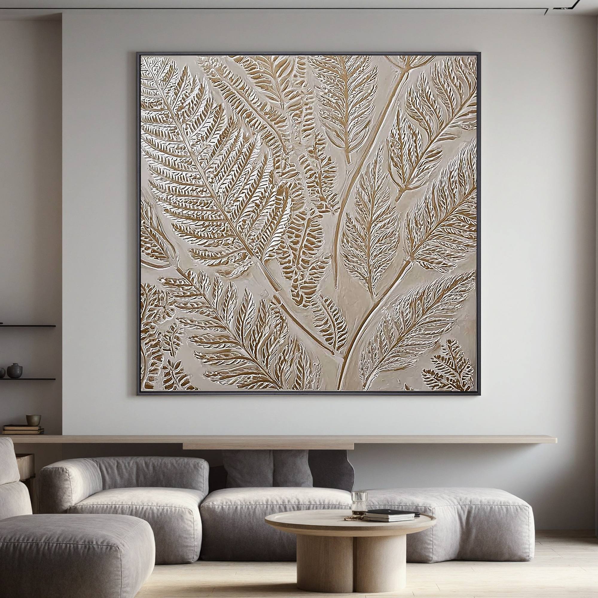Neutral Botanical Textured Wall Art – Hand Painted Beige Fern Canvas Painting for Modern Minimalist Living Room Decor #OA 0433