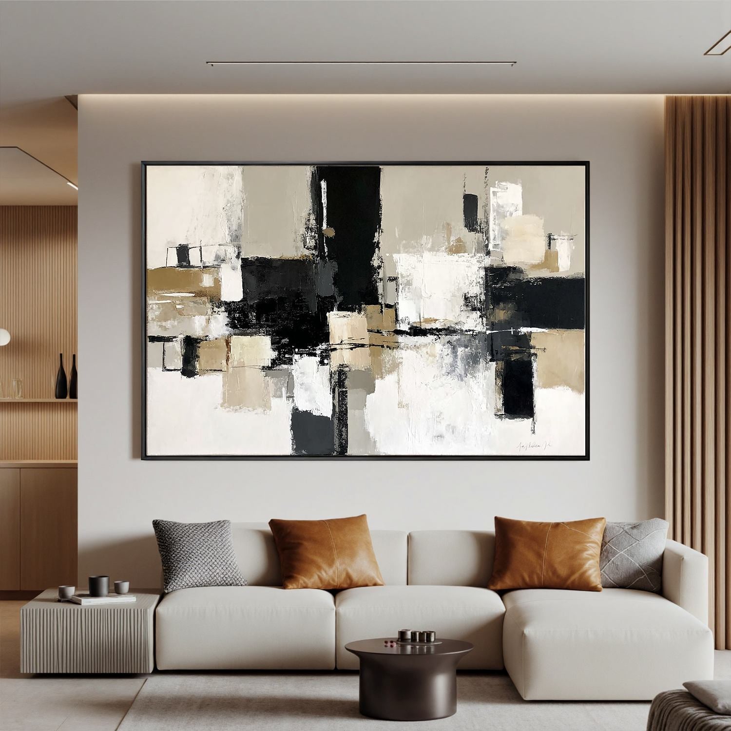 Modern Abstract Black and Beige Oil Painting | Large Neutral Wall Art for Living Room #OA 0008