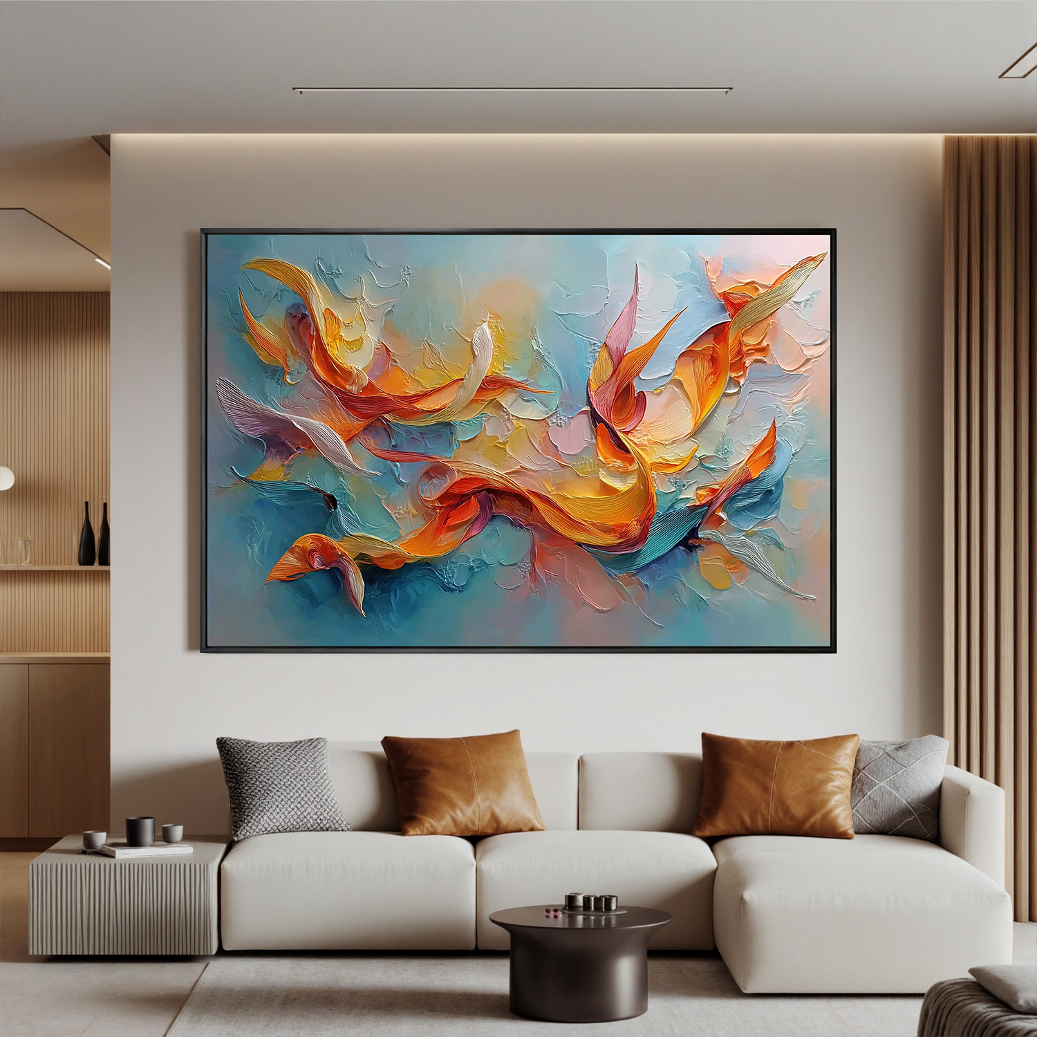 Abstract Fluid Oil Painting Canvas – Modern Orange Blue Wall Art for Living Room Contemporary Home Decor #OA 0472