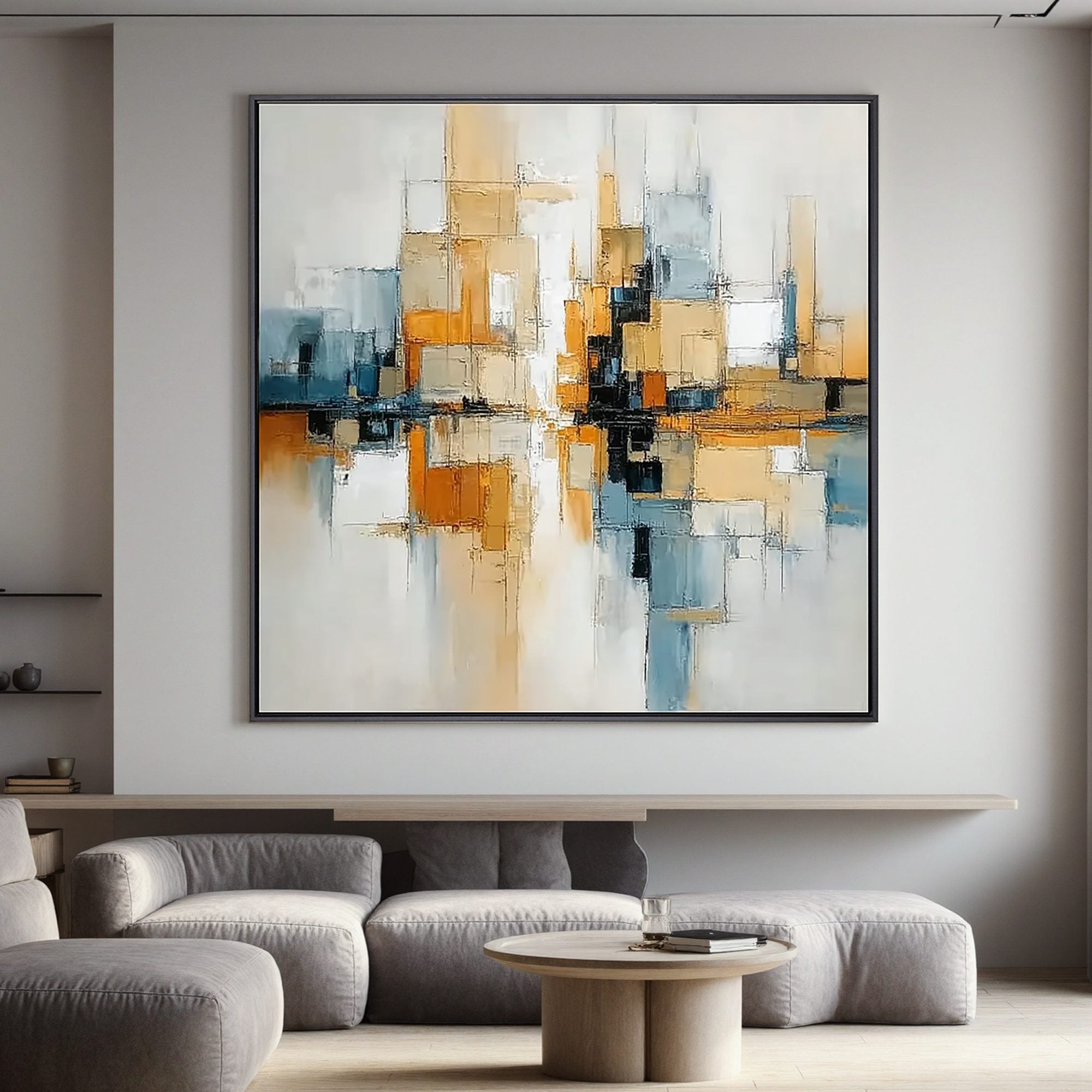Modern Geometric Abstract Wall Art, Gold and Blue Cityscape Canvas Painting for Living Room Décor #OA 0405