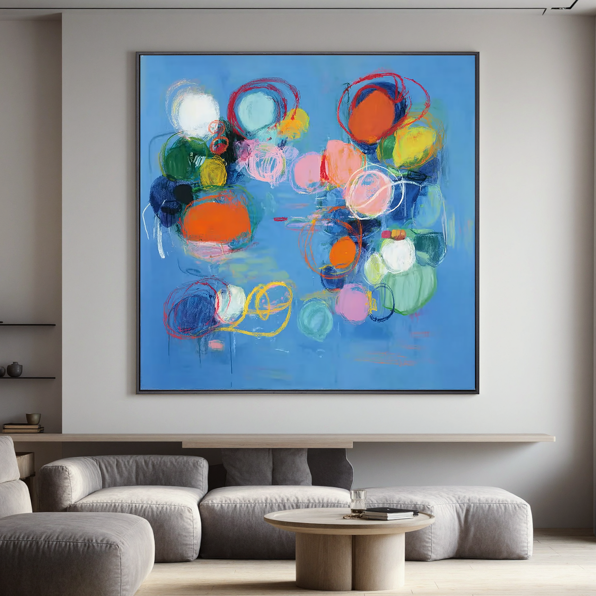 Abstract Blue Modern Oil Painting Canvas – Colorful Circle Wall Art for Living Room Contemporary Home Decor#OA 0474