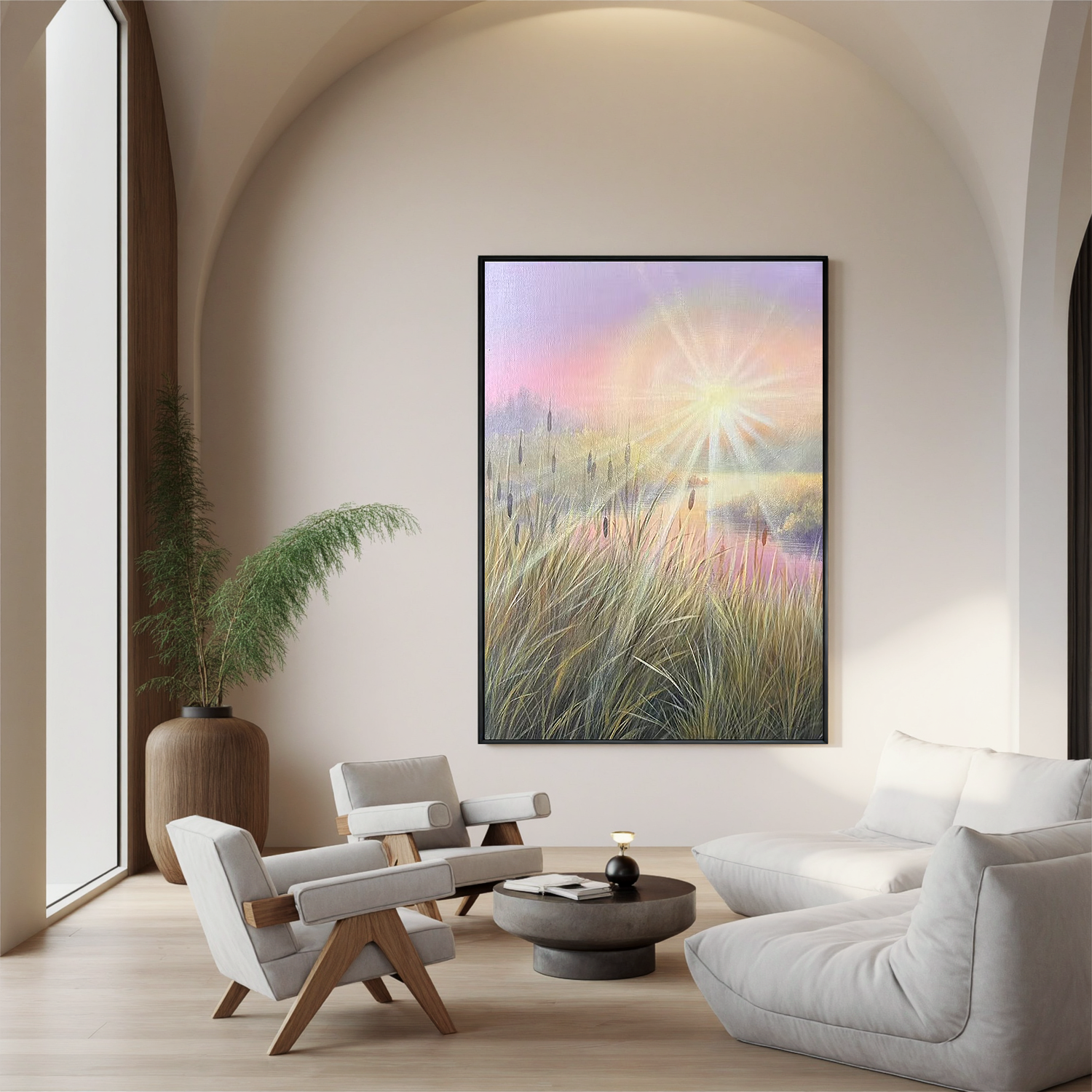 Pastel Sunrise Lakeside Wall Art – Serene Reed Meadow Landscape Canvas for Living Room Decor #OA 0806