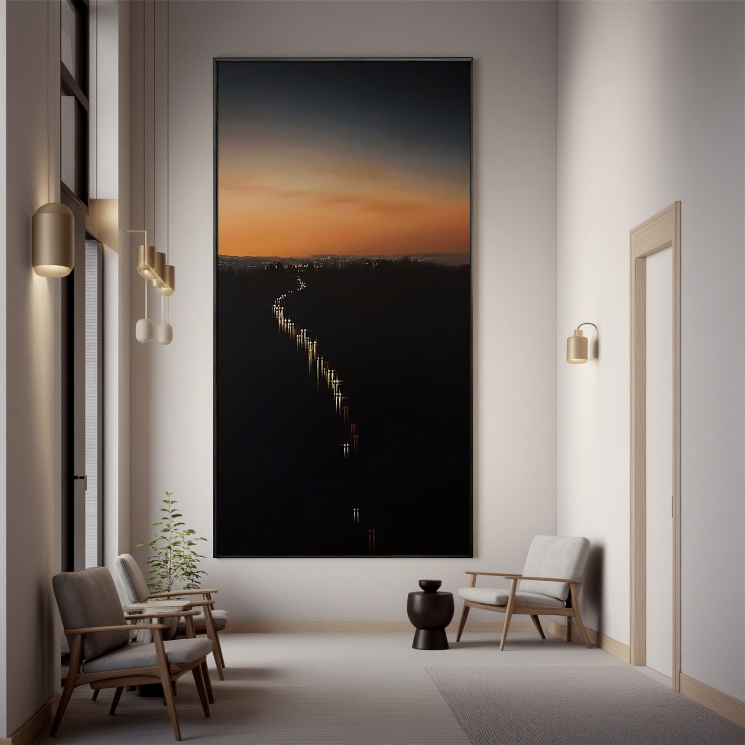 Sunset Cityscape Wall Art, Vertical Twilight Skyline Canvas with Winding Highway Lights for Modern Living Room Decor #OA 0727