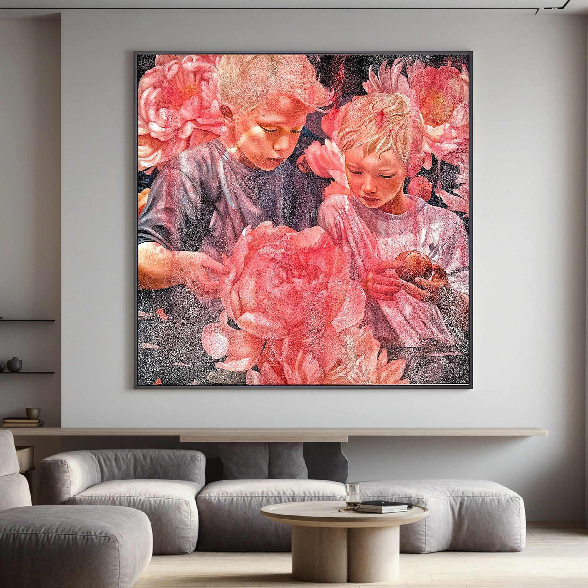 Emotional Children Portrait Oil Painting with Pink Peonies – Contemporary Figurative Floral Canvas Wall Art #OA 0819