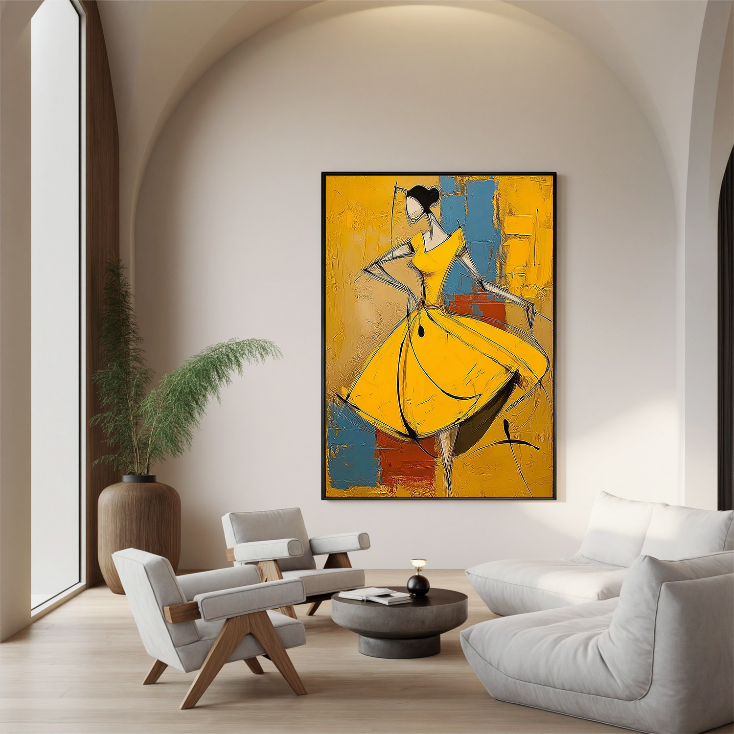 Yellow Dress Abstract Figure Oil Painting, Modern Woman Wall Art for Living Room Decor#OA 0529