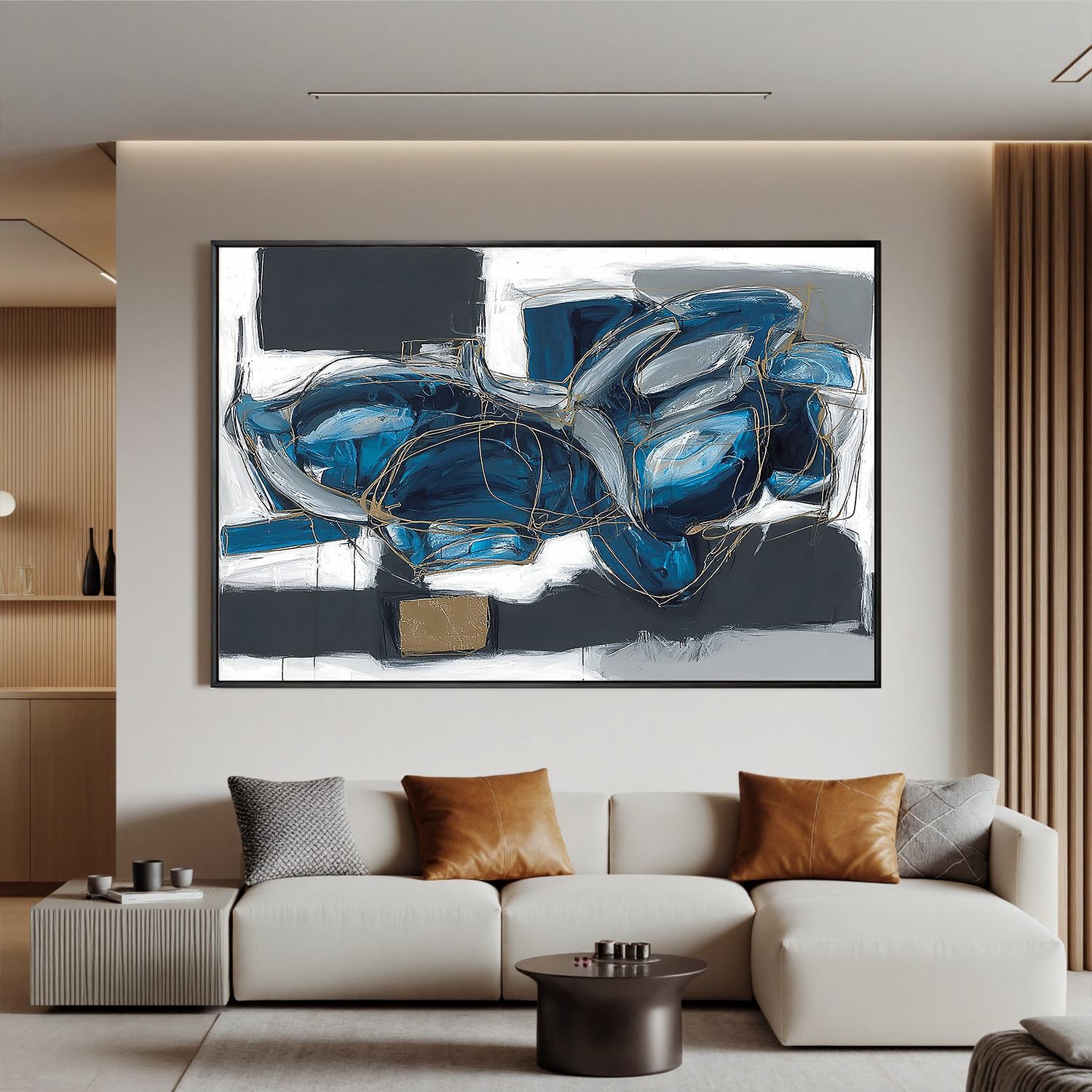 Blue Abstract Wall Art, Modern Black White and Gold Line Canvas Painting for Living Room Décor #OA 0418