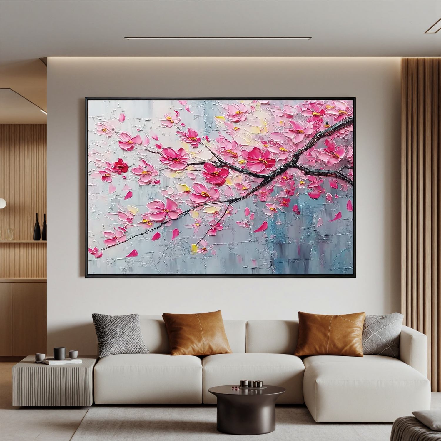 Cherry Blossom Branch Wall Art, Pink Textured Floral Canvas Painting for Living Room Décor #OA 0420