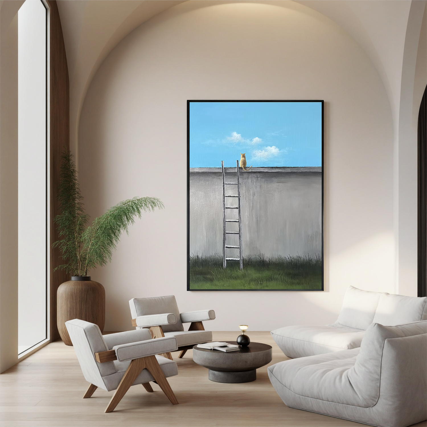 Minimalist Cat on Wall with Ladder Wall Art, Nordic Style Animal Canvas Painting for Living Room Decor #OA 0778
