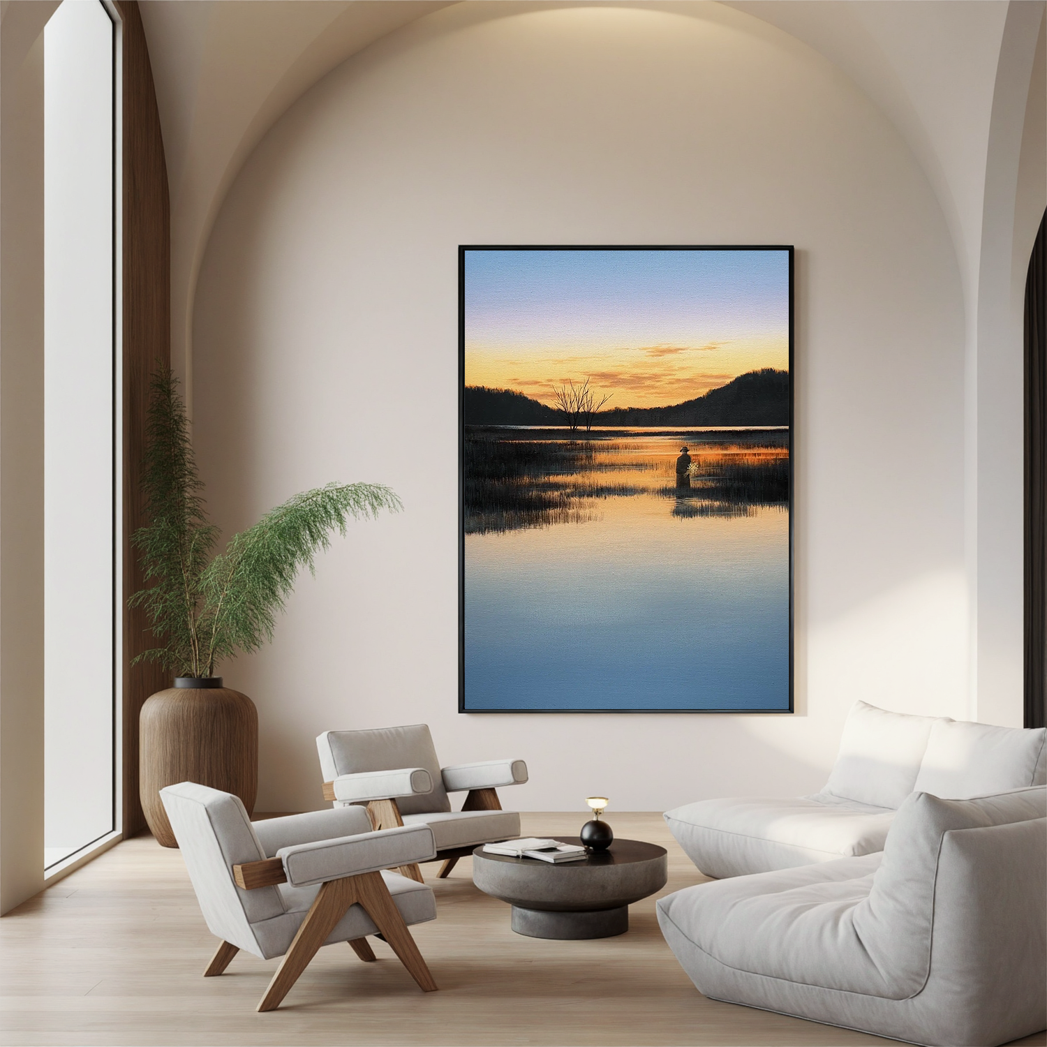 Serene Sunset Lake Wall Art with Solitary Figure, Peaceful Reflection Landscape Canvas for Living Room Decor #OA 0750
