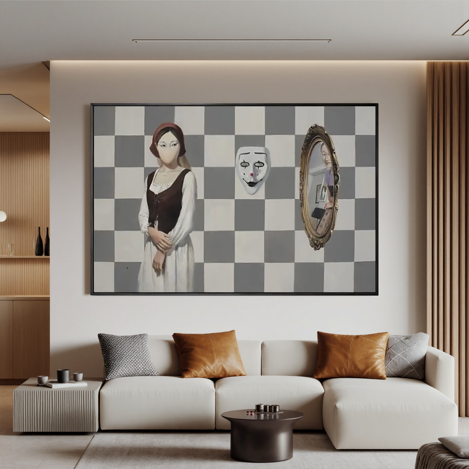 Girl, Mask and Mirror-Surreal Girl Mask Mirror Wall Art