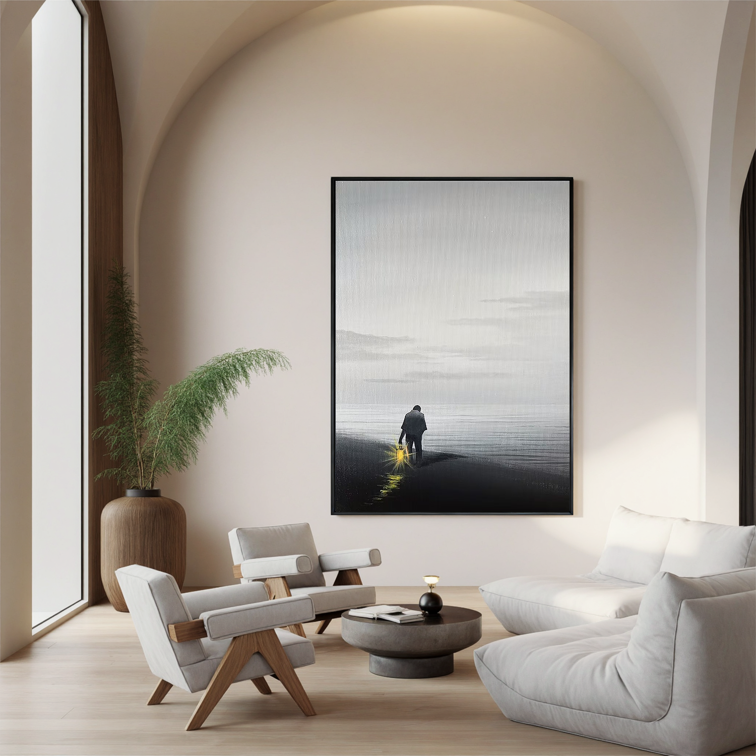 Solitary Figure with Lantern Beach Wall Art, Minimalist Black and White Seascape Canvas Painting for Living Room Decor #OA 0777