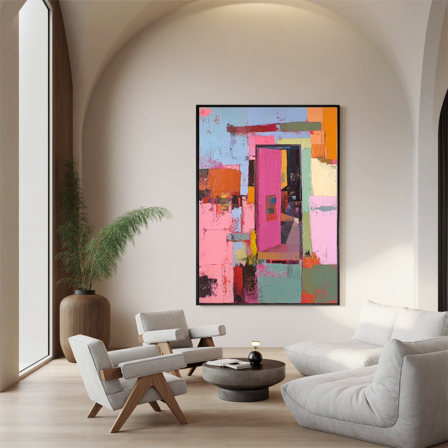 Colorful Door Oil Painting, Abstract Pink Door Wall Art for Living Room Decor#OA 0513