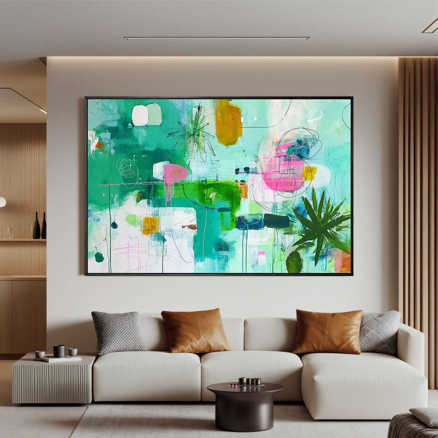 Green Abstract Oil Painting, Modern Botanical Wall Art for Living Room Decor #OA 0505