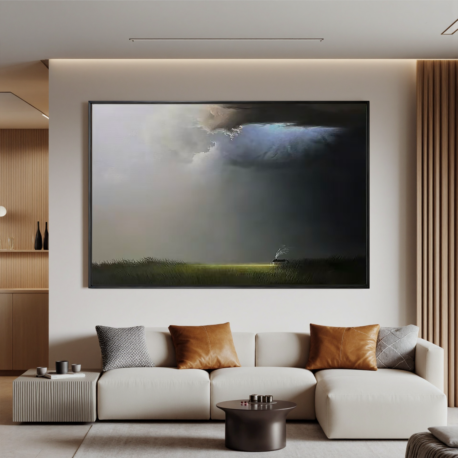 Dramatic Sky Landscape Wall Art, Moody Cloud and Light Canvas Painting with Solitary Cabin for Living Room Decor #OA 0726