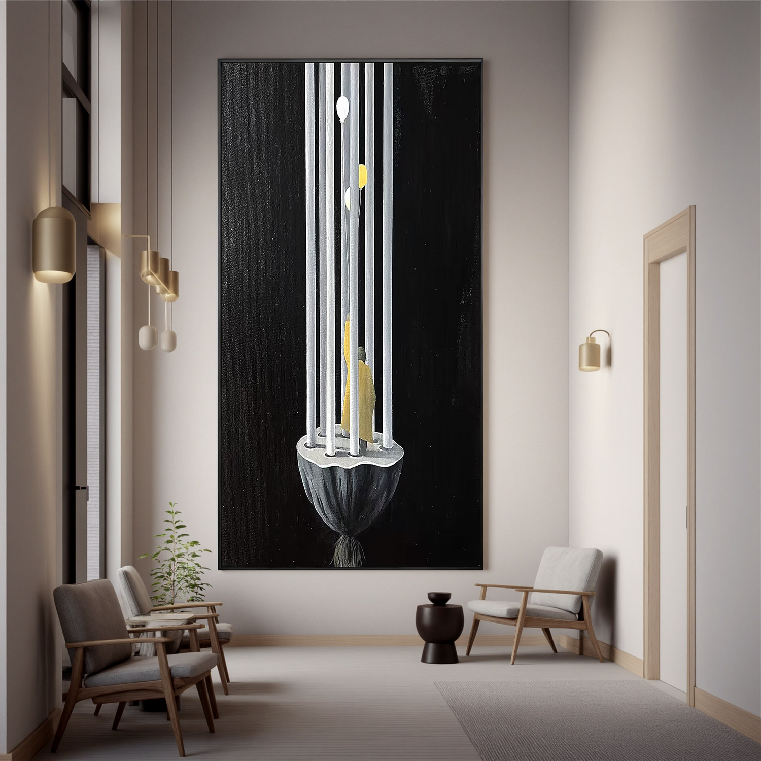 Surreal Minimalist Cage Wall Art with Human Figure and Balloons, Modern Abstract Canvas Painting for Contemporary Home Decor #OA 0790