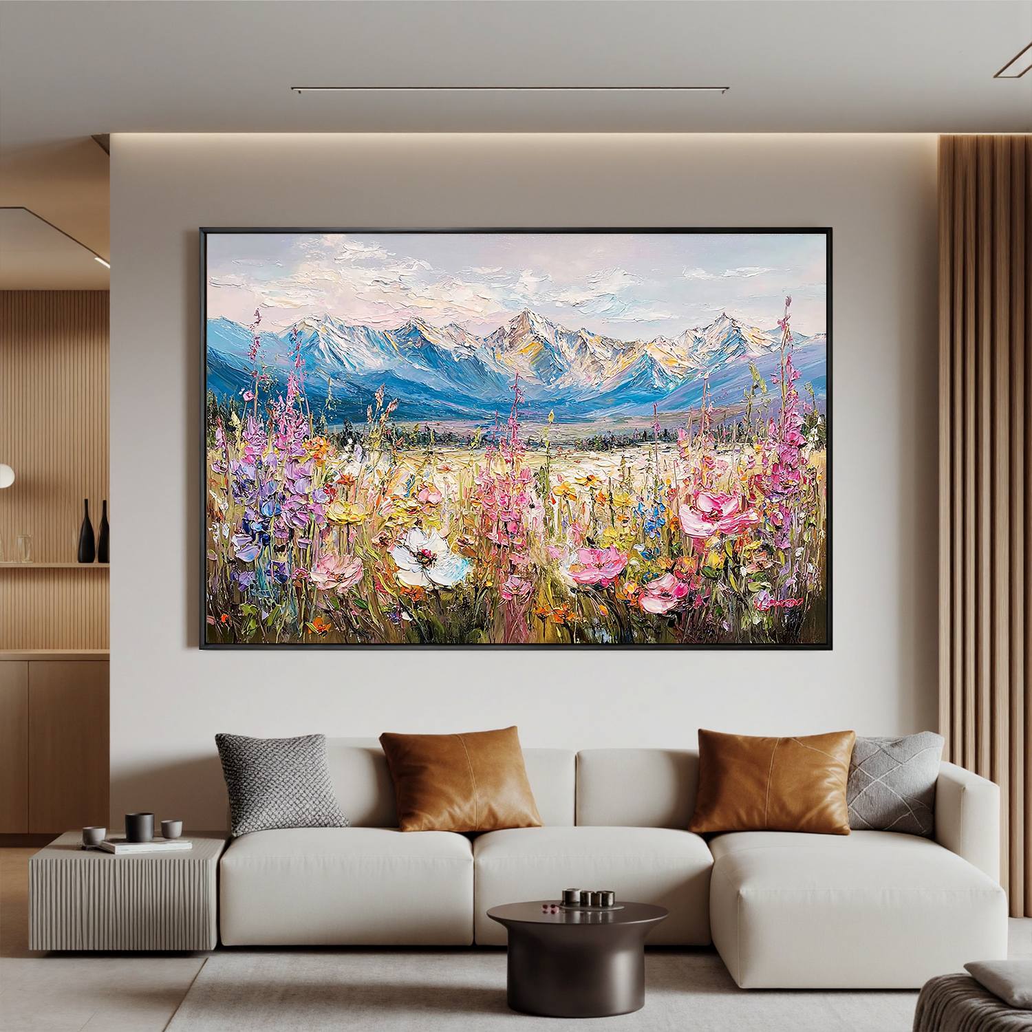 Mountain Wildflower Meadow Wall Art, Textured Alpine Landscape Canvas Painting for Living Room Décor #OA 0416