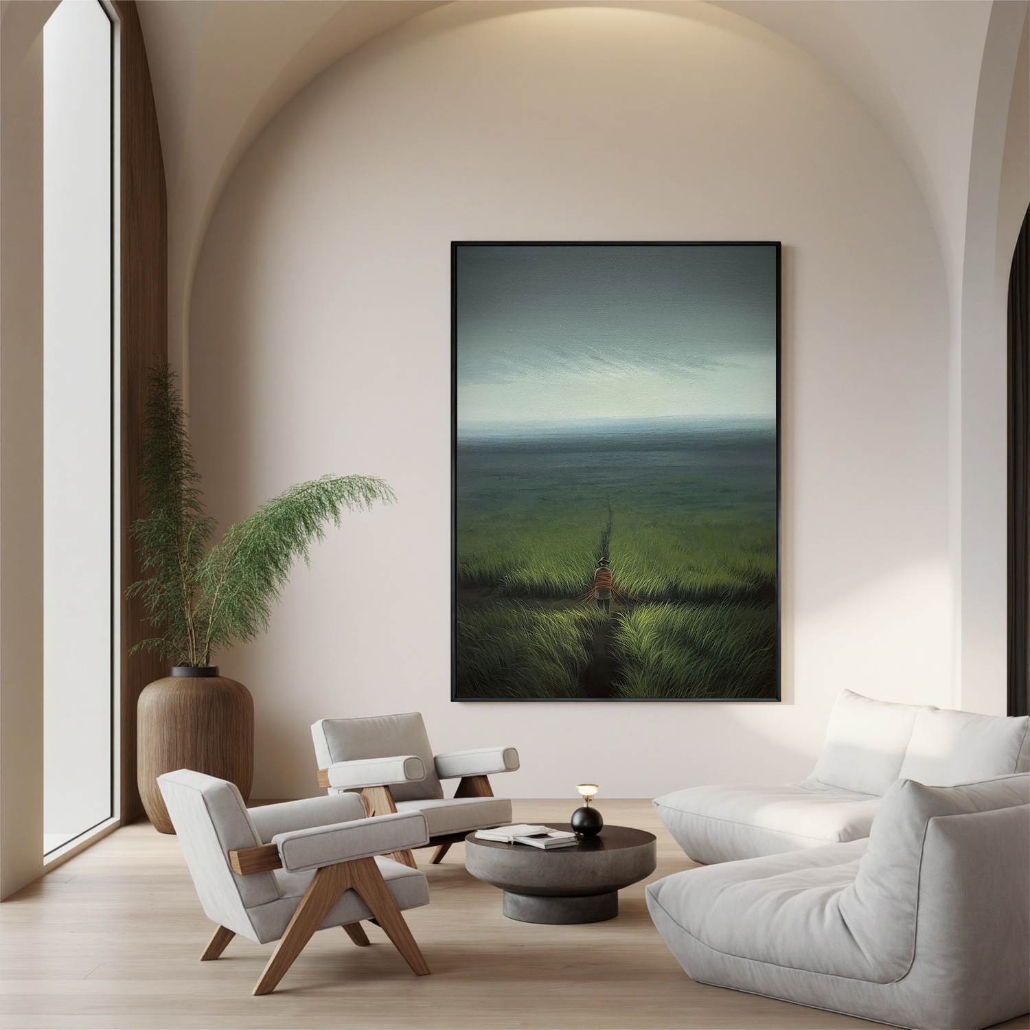 Solitary Figure Walking Through Coastal Grassland Wall Art, Serene Ocean Landscape Canvas Painting for Living Room Decor #OA 0737