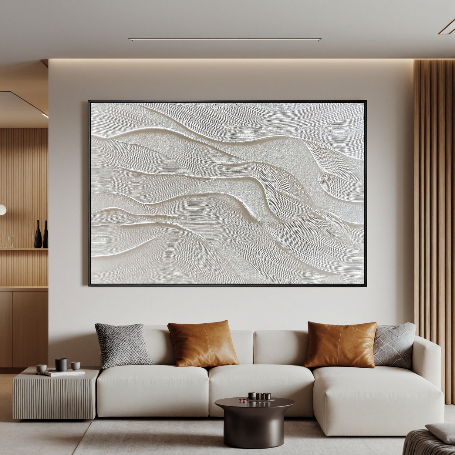 White Textured Abstract Wall Art, Minimal Wavy Lines Canvas Painting for Modern Living Room Décor #OA 0413