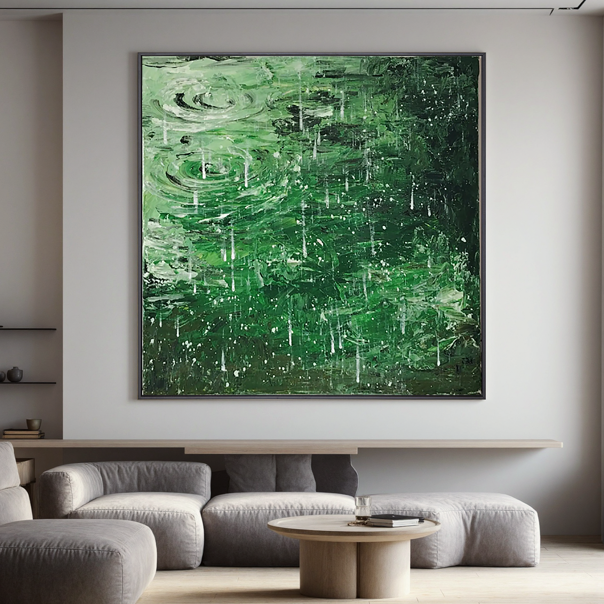 Dark Green Rain Ripple Oil Painting, Abstract Water Wall Art for Living Room Decor#OA 0612