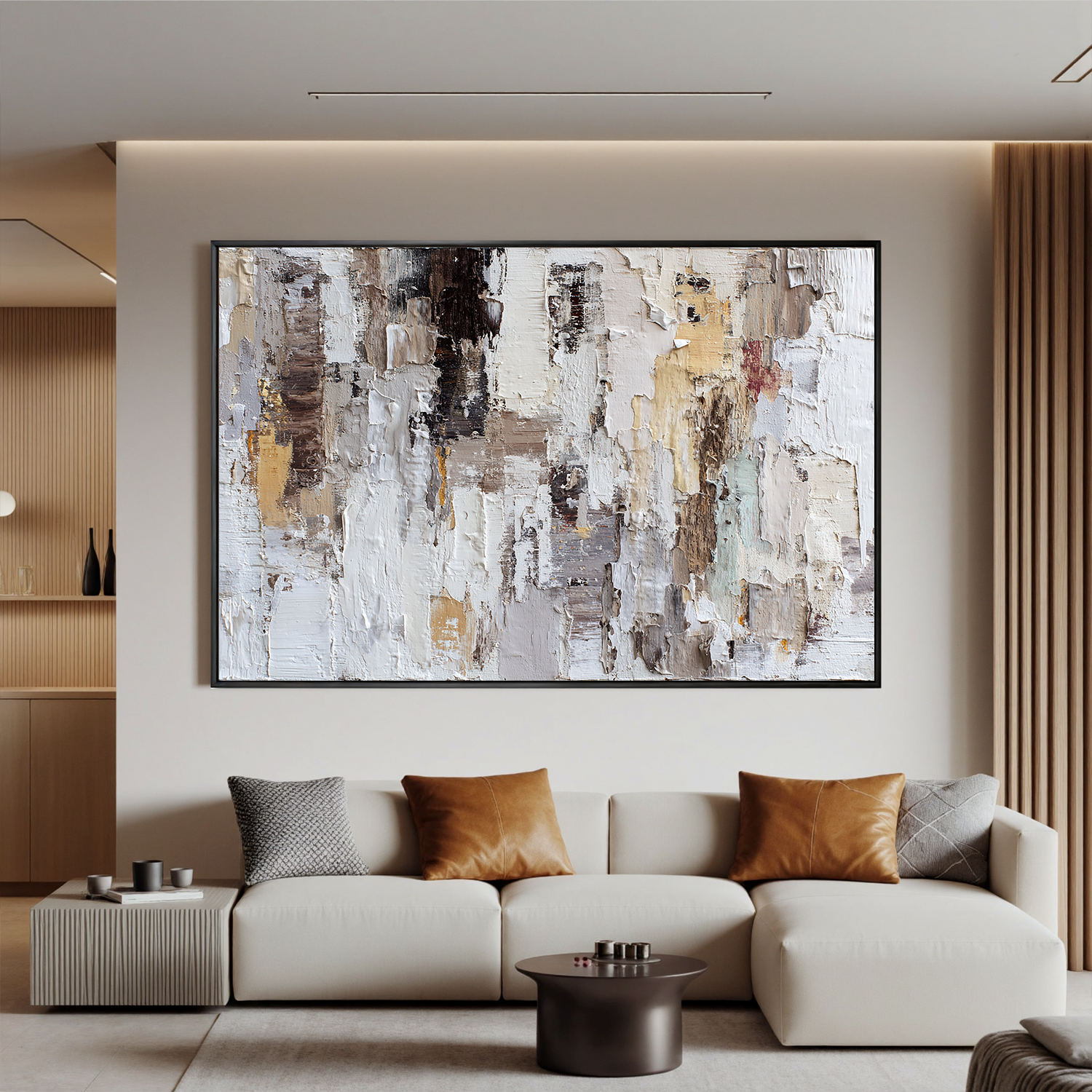 Large Horizontal Neutral Textured Wall Art – Beige Brown Abstract Canvas for Modern Living Room Decor#OA 0835