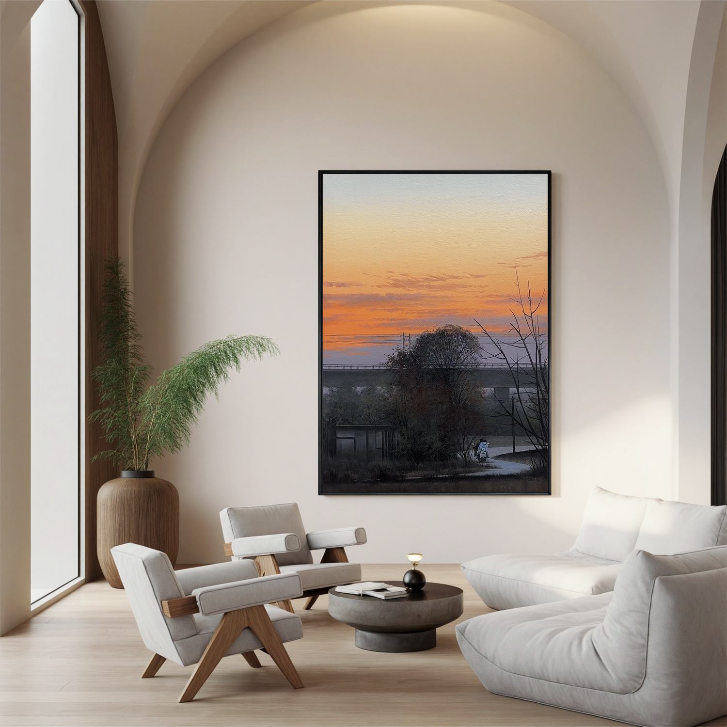 Countryside Sunset Landscape Wall Art with Bridge and Figure, Serene Nature Canvas Painting for Living Room Decor #OA 0757