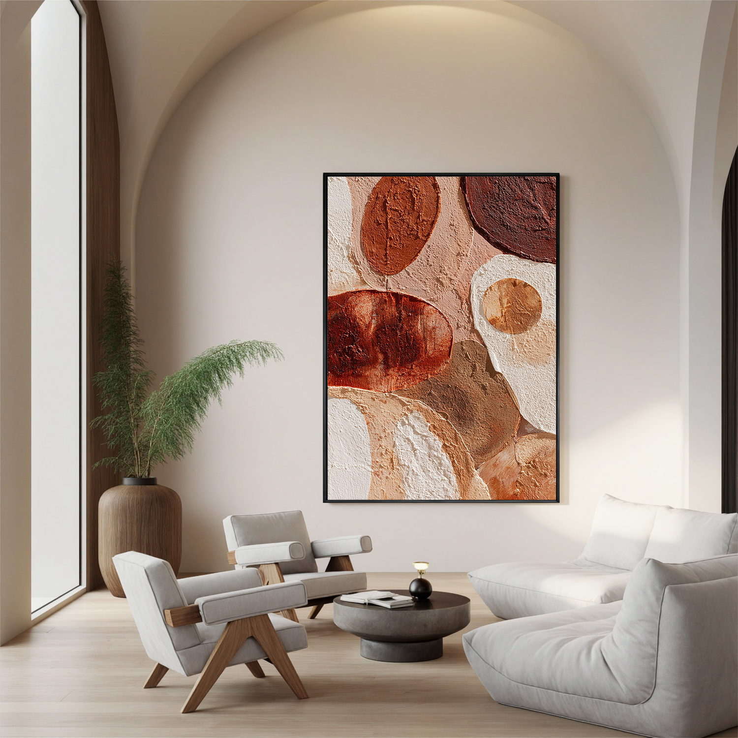 Large Vertical Abstract Circle Canvas Wall Art – Boho Earth Tone Textured Painting for Modern Home Decor#OA 0840