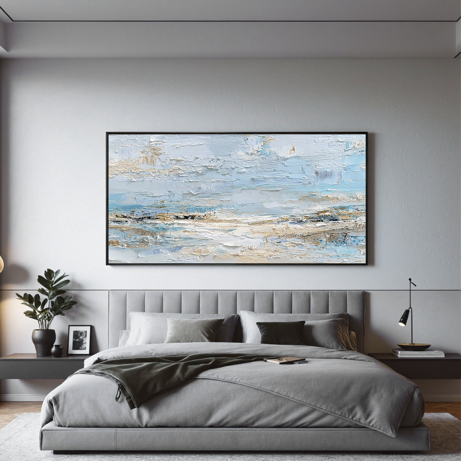 Large Abstract Coastal Canvas Wall Art – Soft Blue & Neutral Seascape Painting for Modern Living Room Decor#OA 0842