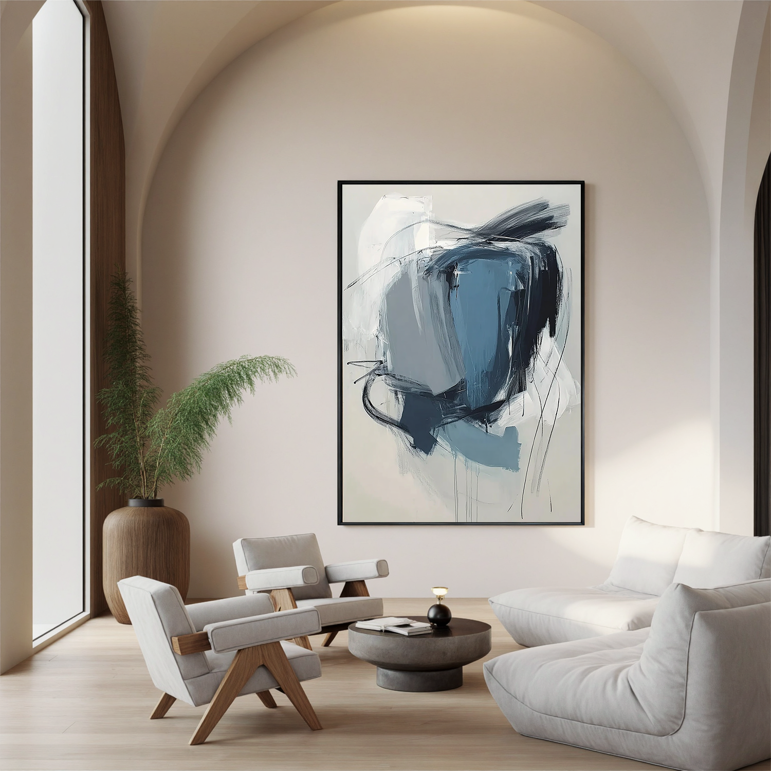 Blue Gray Abstract Oil Painting, Modern Minimalist Wall Art for Living Room Decor #OA 0594